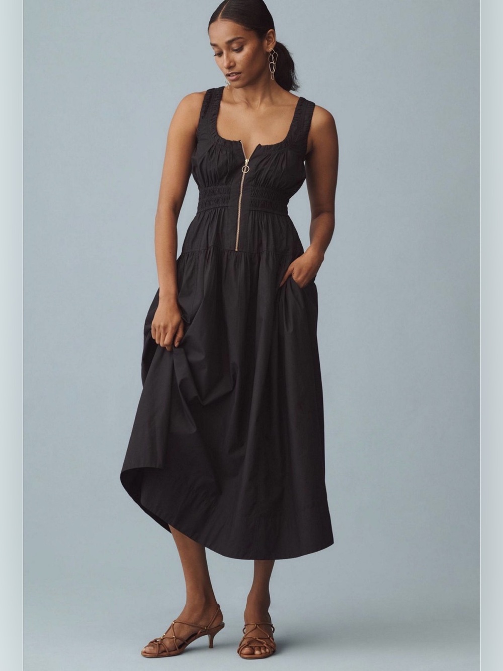 Anthropologie Scoop Neck Smocked Poplin Black Midi Dress Sz Small